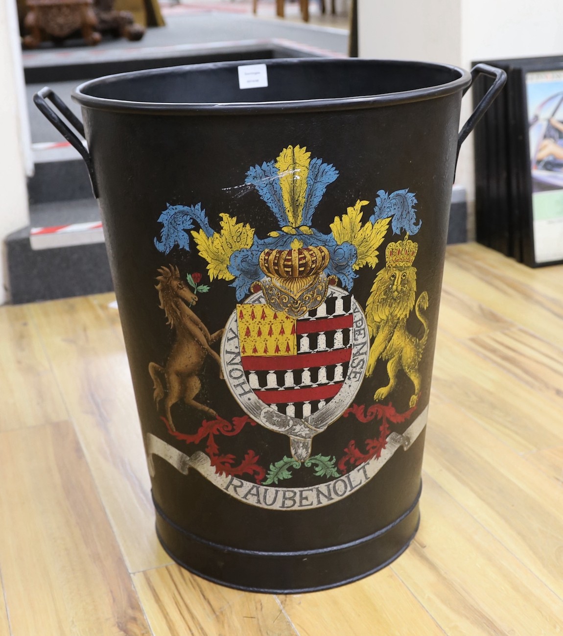 A French armorial painted & decorated grape hod, 62cm tall